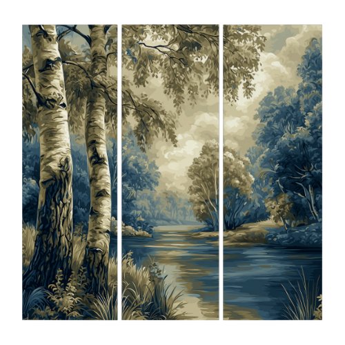 Birch Trees by the Riverside, Stylized Landscape Triptych