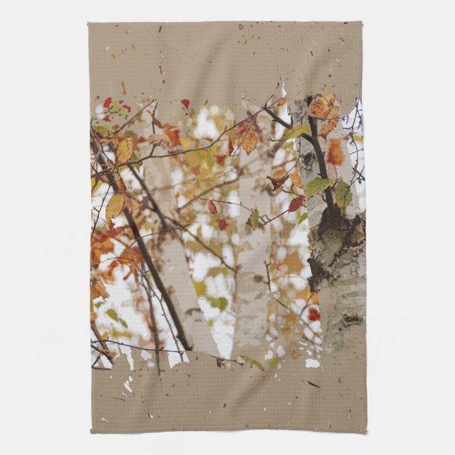 Birch Trees Fall Leaves Rough Edge Spatter Rustic Kitchen Towel (Vertical)