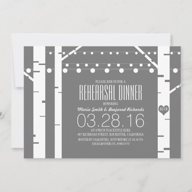 Birch Trees Heart & String Lights Rehearsal Dinner Invitation (Front)