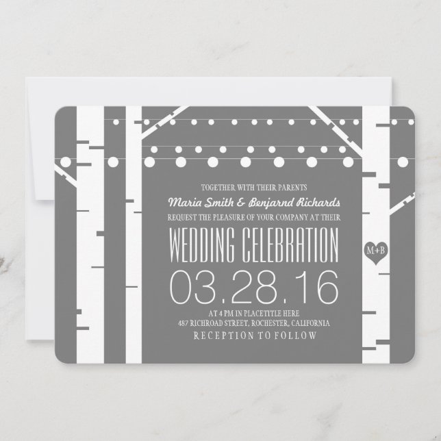 Birch Trees Heart & String Lights Wedding Invites (Front)