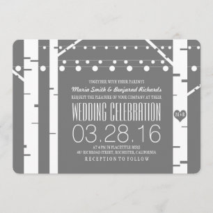 Birch Trees Heart & String Lights Wedding Invites