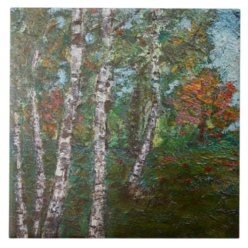 Birch Trees in a Romanian Forest by Kimon Loghi Ceramic Tile