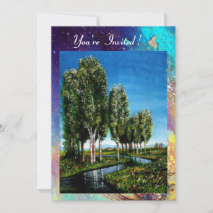 BIRCH TREES IN TUSCANY, blue green gold sparkles Invitation