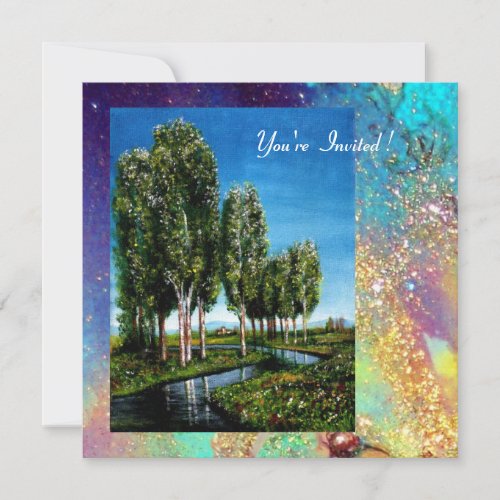 BIRCH TREES IN TUSCANY blue green gold sparkles Invitation