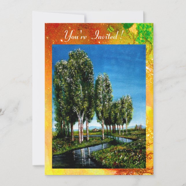 BIRCH TREES IN TUSCANY,green brown yellow sparkles Invitation (Front)