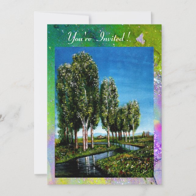 BIRCH TREES IN TUSCANY,yellow green purple sparkle Invitation (Front)