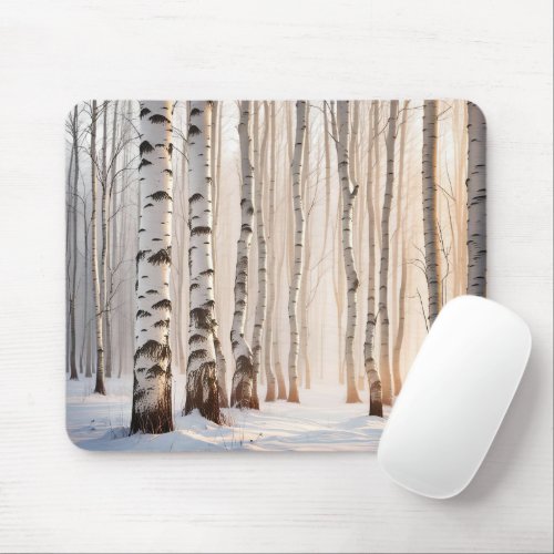 Birch Trees In Winter Forest Mouse Pad