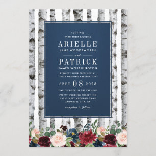 Birch Trees Navy Blue Burgundy Wedding Invitations