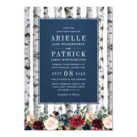 Birch Trees Navy Blue Burgundy Wedding Invitations