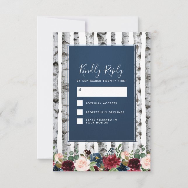 Birch Trees Navy Blue Burgundy Wedding RSVP Cards (Front)