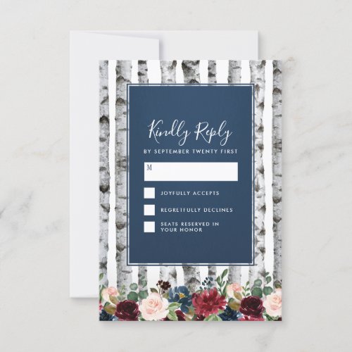 Birch Trees Navy Blue Burgundy Wedding RSVP Cards