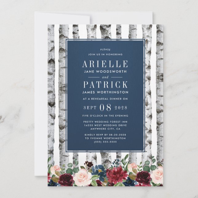 Birch Trees Navy Blue Rehearsal Dinner Invitations (Front)