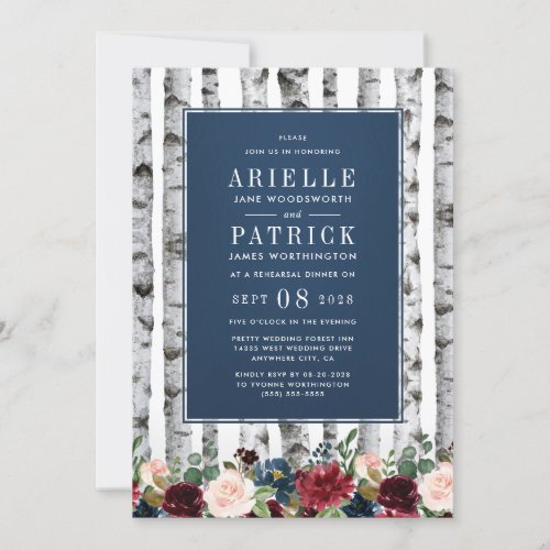 Birch Trees Navy Blue Rehearsal Dinner Invitations