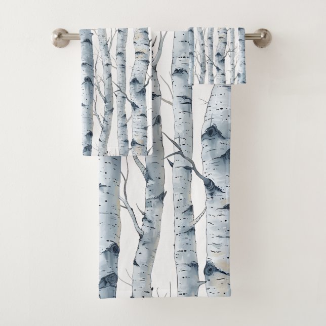 Birch trees pattern gray white bath towel set (Insitu)