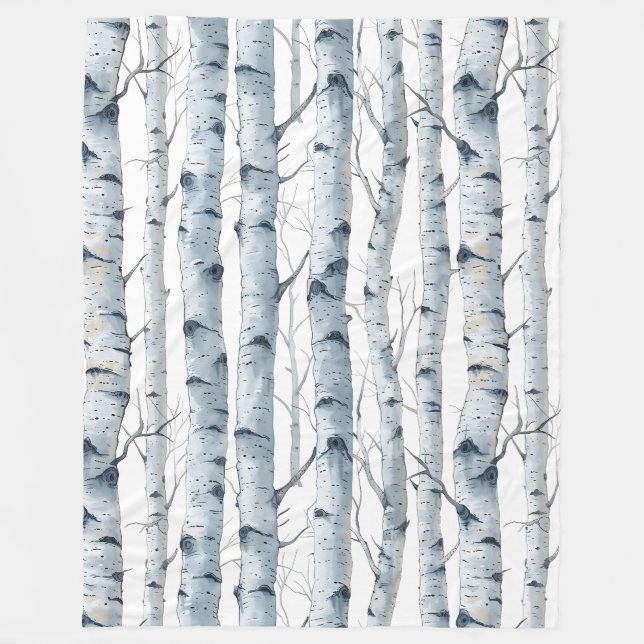 Birch trees pattern gray white fleece blanket (Front)