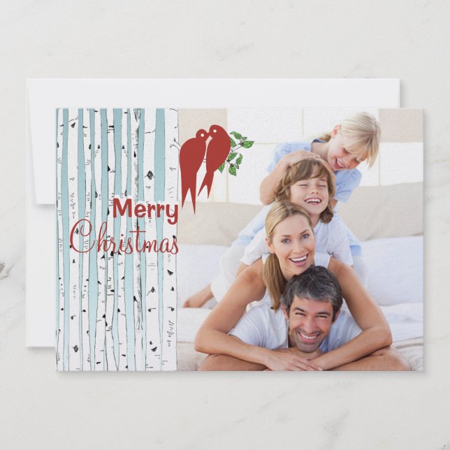 Birch Trees Red Love Birds Merry Christmas Holiday Card (Front)