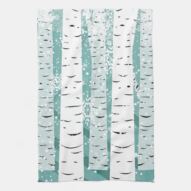 Birch trees snowflakes winter woodland striped kitchen towel (Vertical)