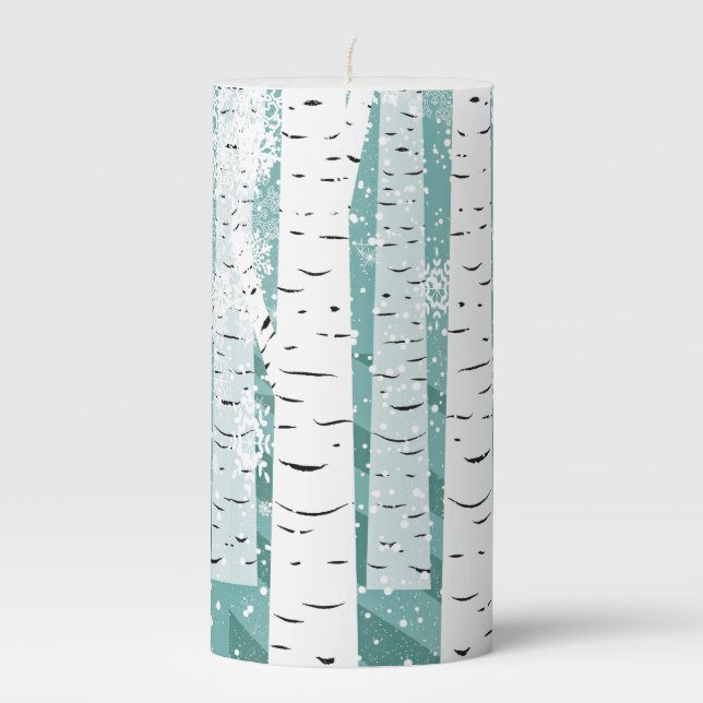 Birch trees snowflakes winter woodland striped pillar candle (Front)