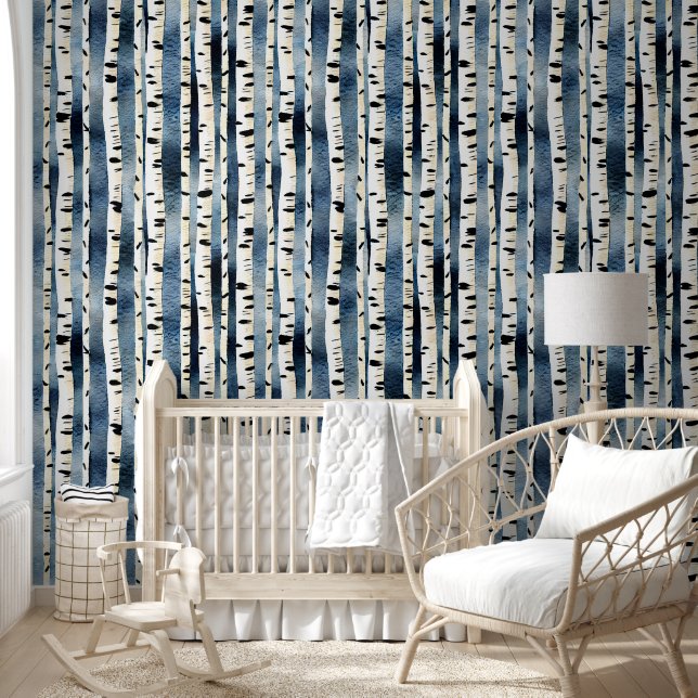 Birch trees watercolor pattern birchwoods mural wallpaper  (Kids)
