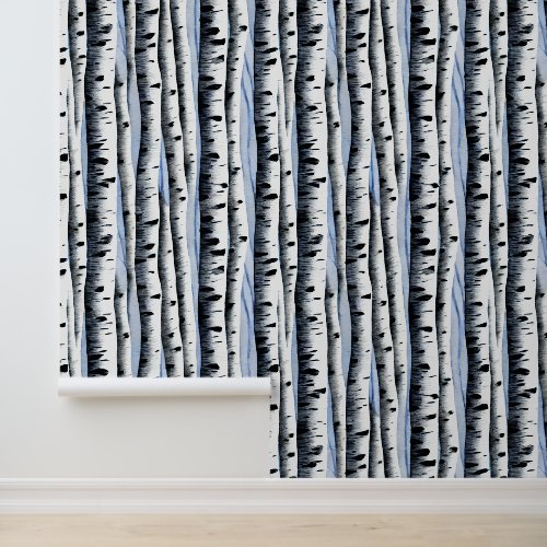 Birch trees watercolor pattern forest woodland  wallpaper 