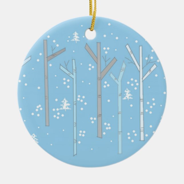 Birch Trees with Falling Snow Ceramic Ornament (Front)