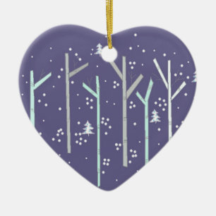 Birch Trees with Falling Snow Ceramic Ornament