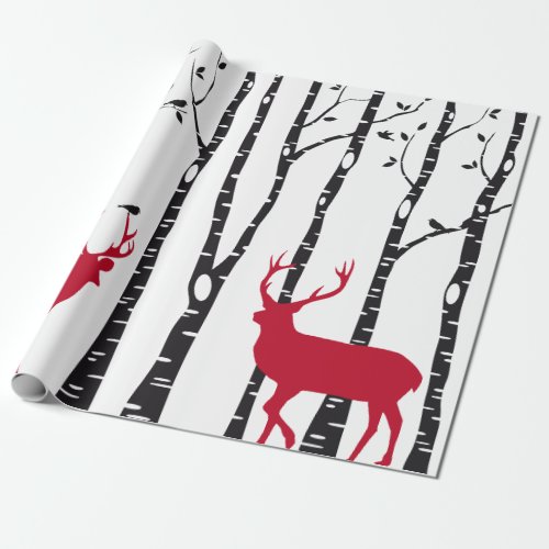 Birch trees with red Christmas deer and birds Wrapping Paper