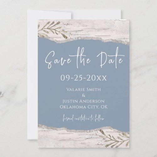 Birch Wood Dust Blue Wedding Save the Date Invitation