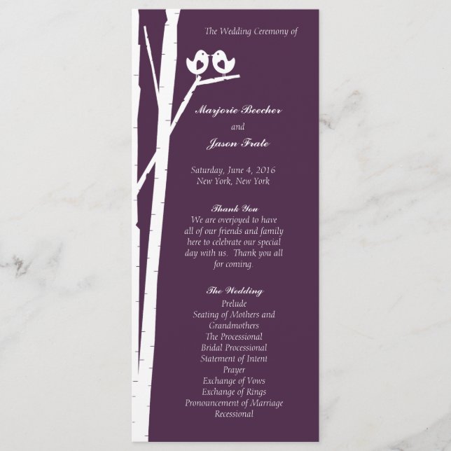 Birchtree Birds Wedding Program Purple (Front)