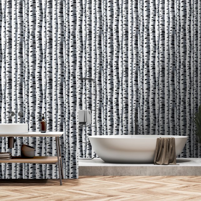 Birchwoods tree pattern black white seamless art wallpaper  (Bathroom)