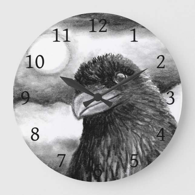 Bird 64 Crow Raven Moon black white Large Clock (Front)