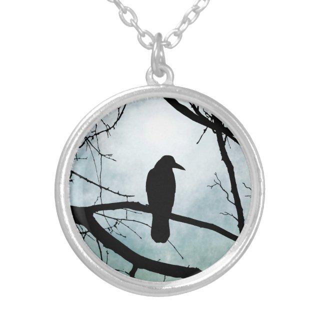 bird 77 Crow Raven Silver Plated Necklace (Front)