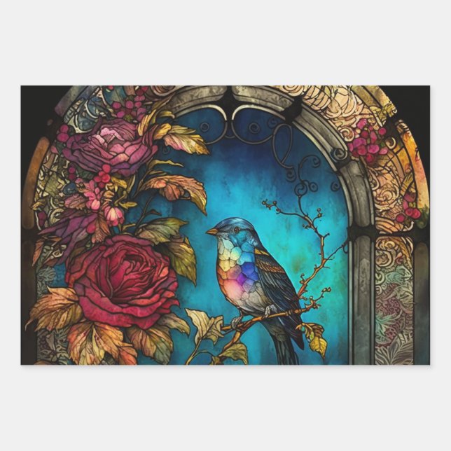 Bird Alcohol Ink Jewel Tones Wrapping Paper Sheets (Front)