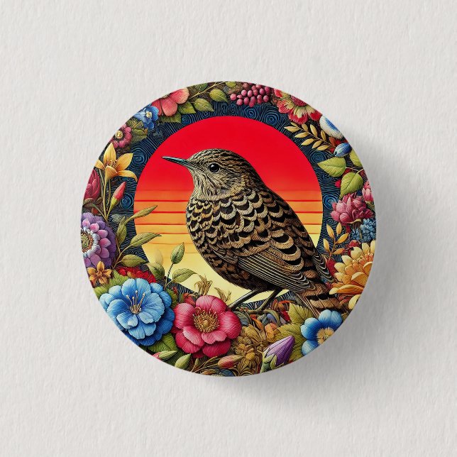 Bird Amid Colorful Flowers Button (Front)
