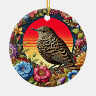 Bird Amid Colorful Flowers Ceramic Ornament