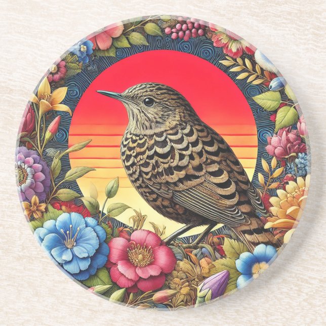 Bird Amid Colorful Flowers Coaster (Front)