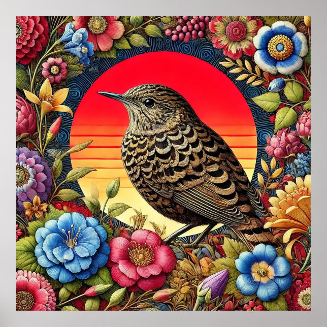 Bird Amid Colorful Flowers Poster (Front)