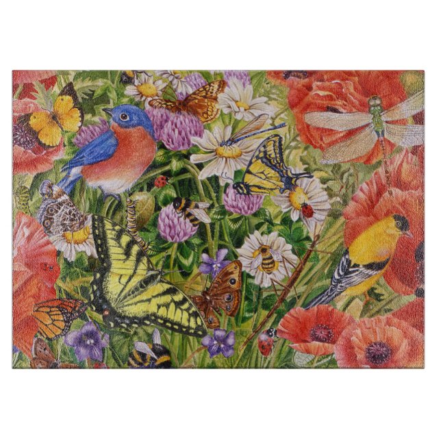 Bird and Butterflies Glass Cutting Board (Front)