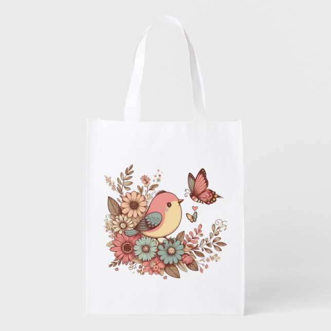 Bird and Butterflies Grocery Bag (Front)