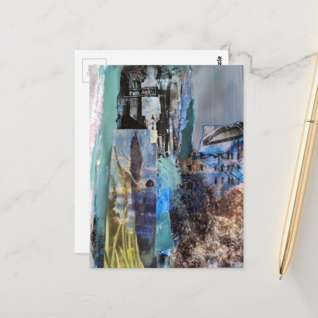 Bird and City Buildings mixed media collage Postcard (Front/Back In Situ)