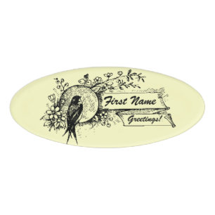Bird and Delicate Floral Design with Text Ribbons Name Tag