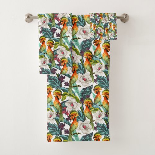 Bird And Exotic Flower Pattern Bath Towel Set