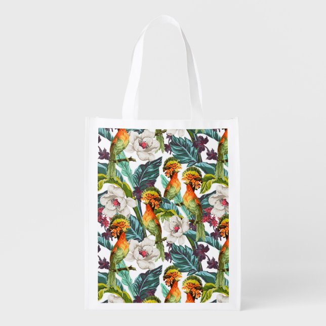 Bird And Exotic Flower Pattern Grocery Bag (Front)