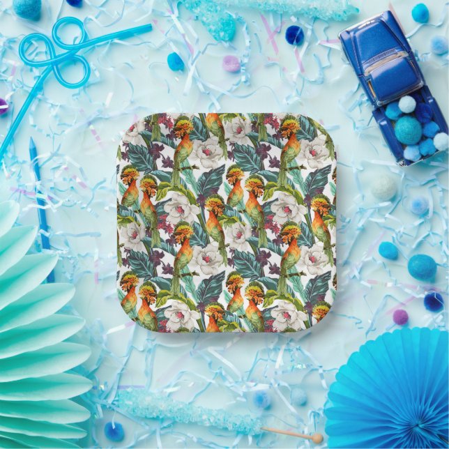 Bird And Exotic Flower Pattern | Monogram 2 Paper Plates (Party)