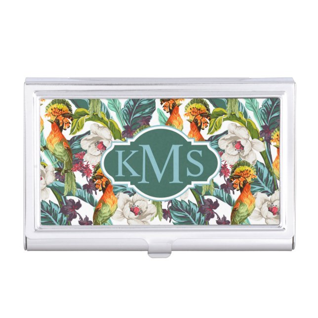 Bird And Exotic Flower Pattern | Monogram Business Card Case (Front)