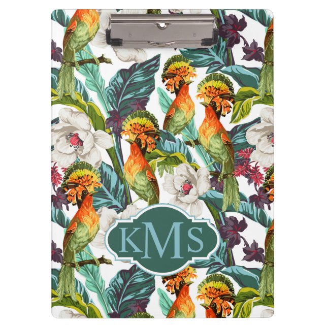 Bird And Exotic Flower Pattern | Monogram Clipboard (Front)