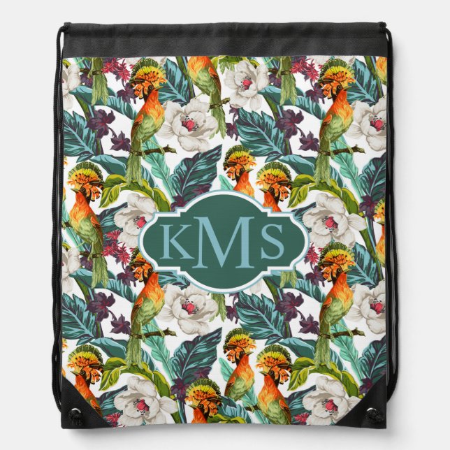 Bird And Exotic Flower Pattern | Monogram Drawstring Bag (Front)
