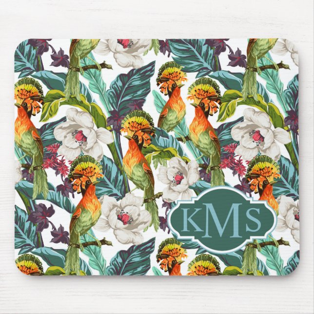 Bird And Exotic Flower Pattern | Monogram Mouse Pad (Front)