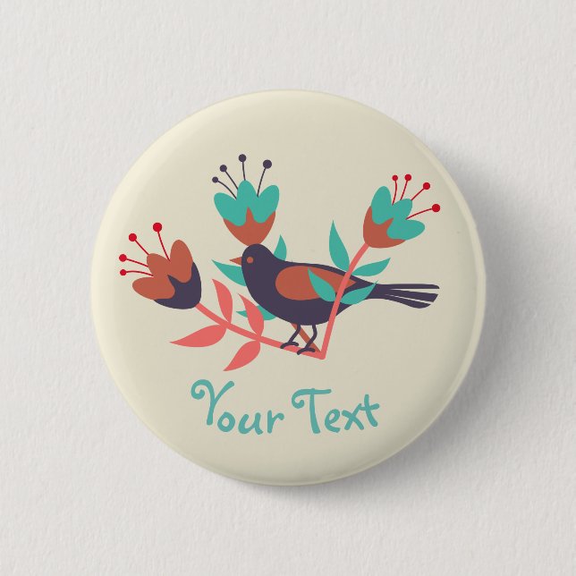 Bird and Floral Folk Art Custom Text Button (Front)