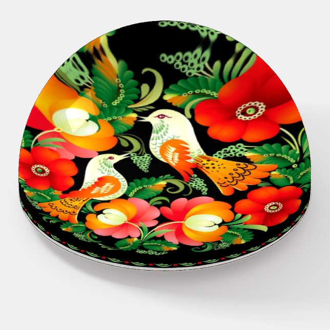 Bird and Floral Folk Art Glass Paperweight (Angled)